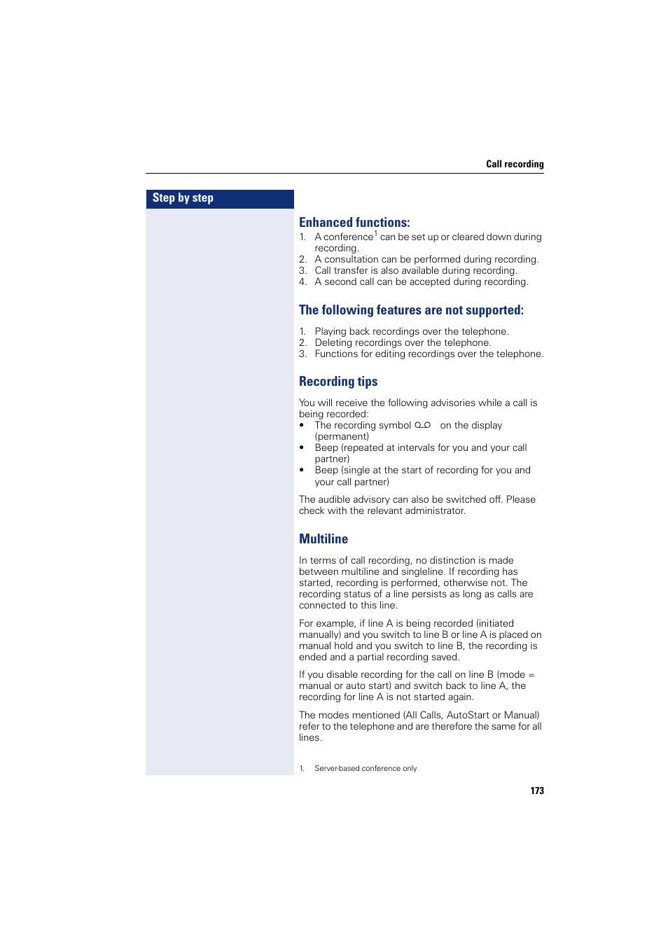 Enhanced functions, The following features are not supported, Recording tips | Multiline | Siemens HIPATH 8000 User Manual | Page 173 / 205