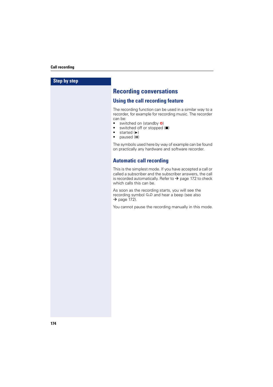 Recording conversations, Using the call recording feature, Automatic call recording | Siemens HIPATH 8000 User Manual | Page 174 / 205