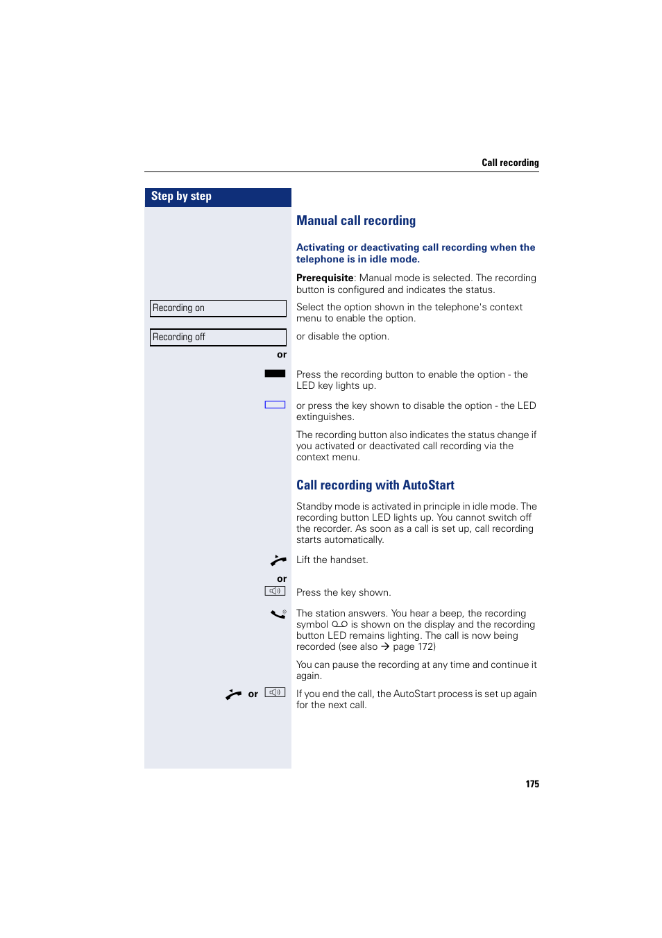 Manual call recording, Call recording with autostart | Siemens HIPATH 8000 User Manual | Page 175 / 205