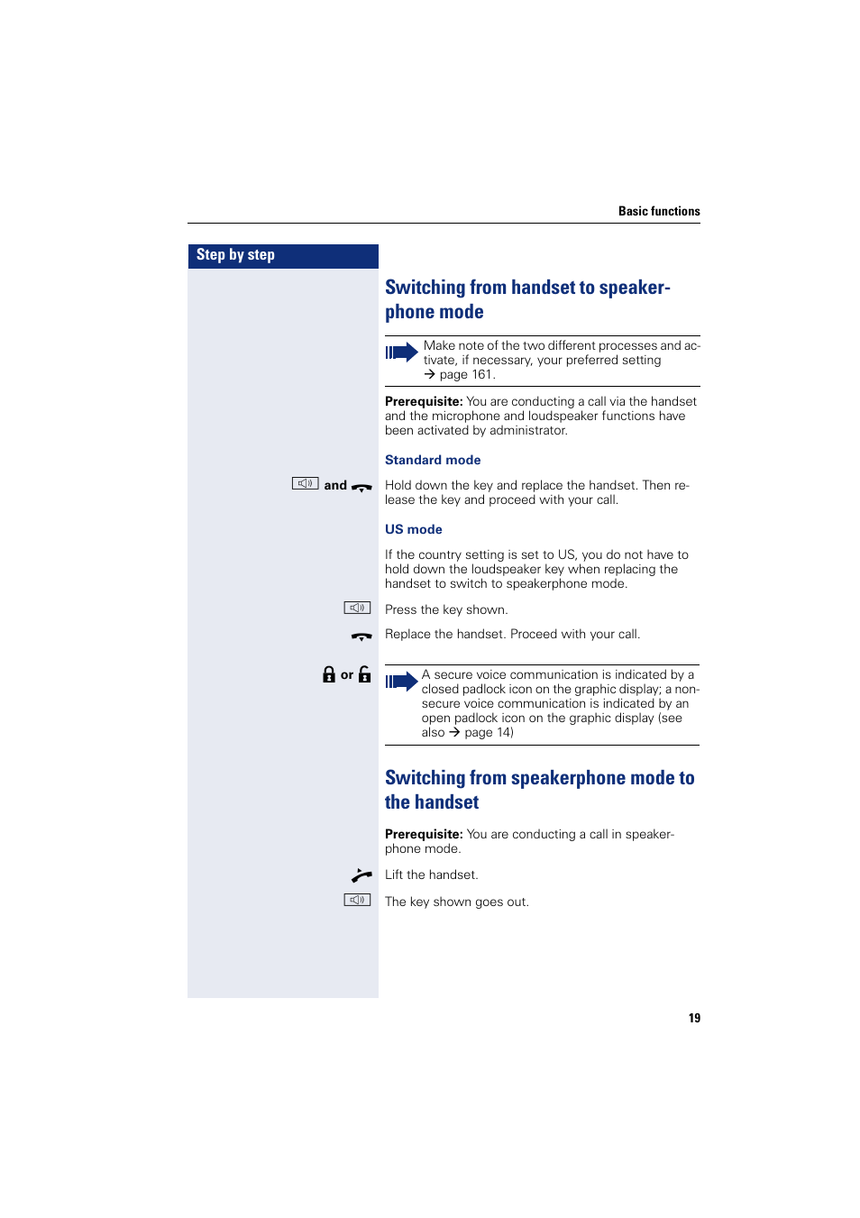 Switching from handset to speakerphone mode, Switching from speakerphone mode to the handset, Switching from handset to speaker- phone mode | Siemens HIPATH 8000 User Manual | Page 19 / 205