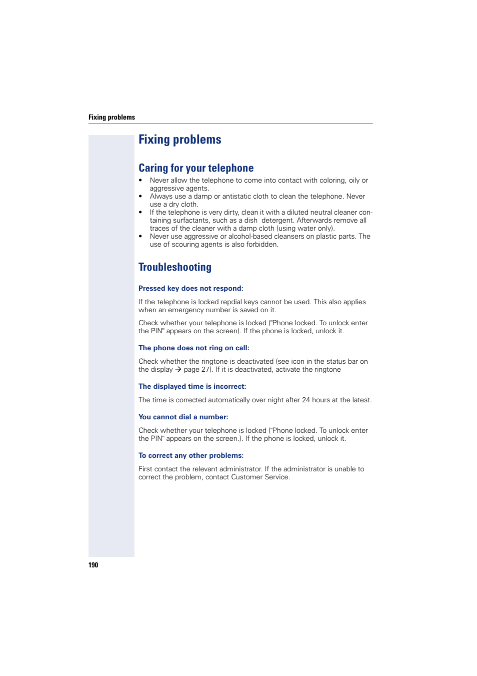 Fixing problems, Caring for your telephone, Troubleshooting | Caring for your telephone troubleshooting | Siemens HIPATH 8000 User Manual | Page 190 / 205