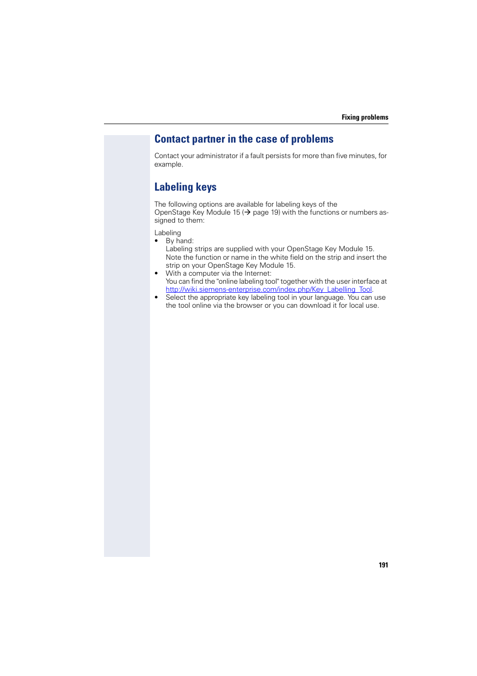 Contact partner in the case of problems, Labeling keys | Siemens HIPATH 8000 User Manual | Page 191 / 205