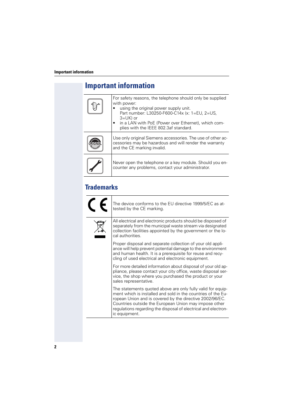 Important information, Trademarks | Siemens HIPATH 8000 User Manual | Page 2 / 205