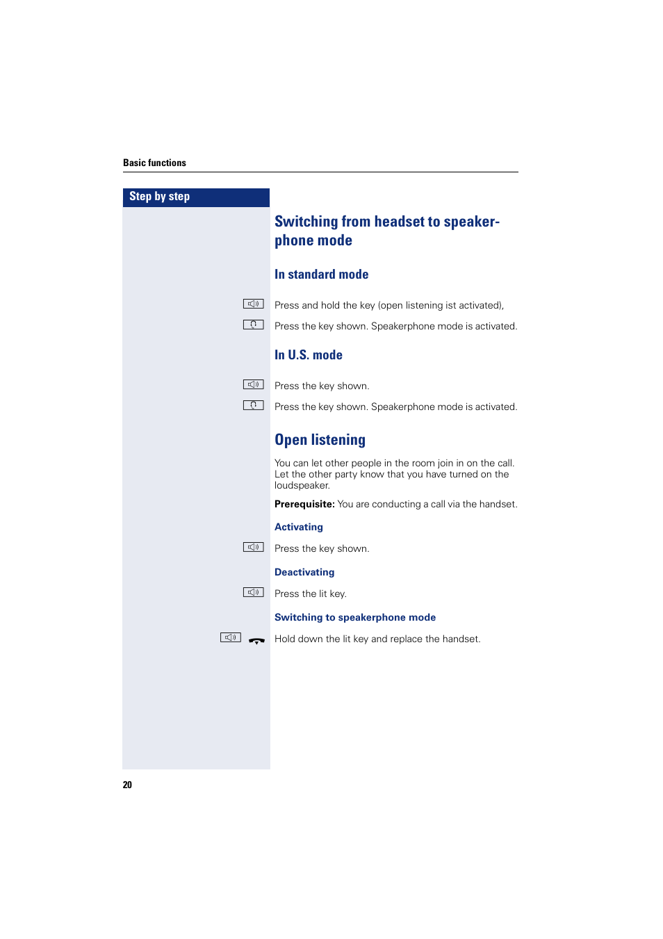 Switching from headset to speakerphone mode, Open listening, In standard mode in u.s. mode | Switching from headset to speaker- phone mode | Siemens HIPATH 8000 User Manual | Page 20 / 205