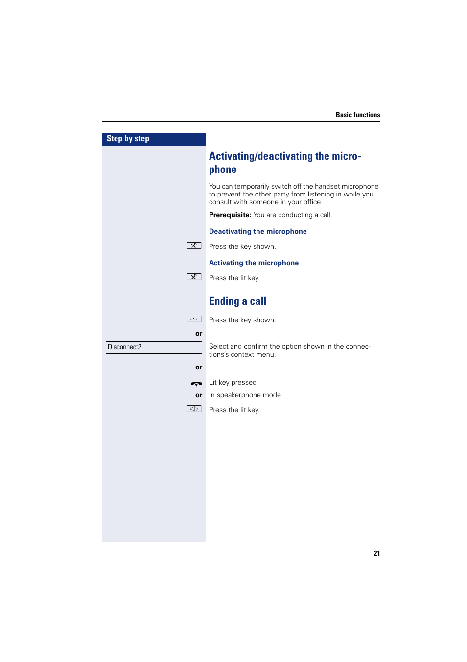 Activating/deactivating the microphone, Ending a call, Activating/deactivating the micro- phone | Siemens HIPATH 8000 User Manual | Page 21 / 205