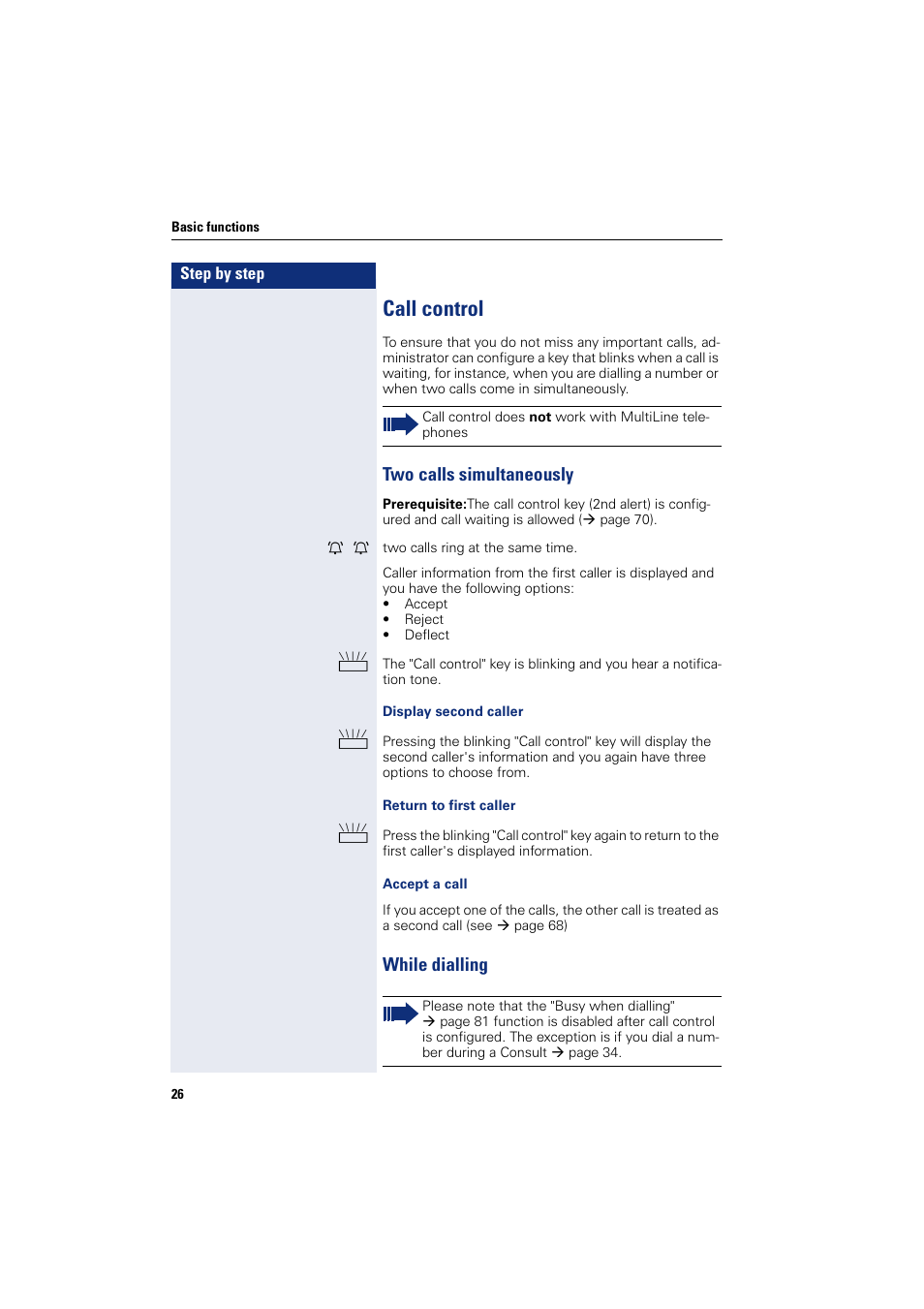 Call control, Two calls simultaneously, While dialling | Two calls simultaneously while dialling | Siemens HIPATH 8000 User Manual | Page 26 / 205