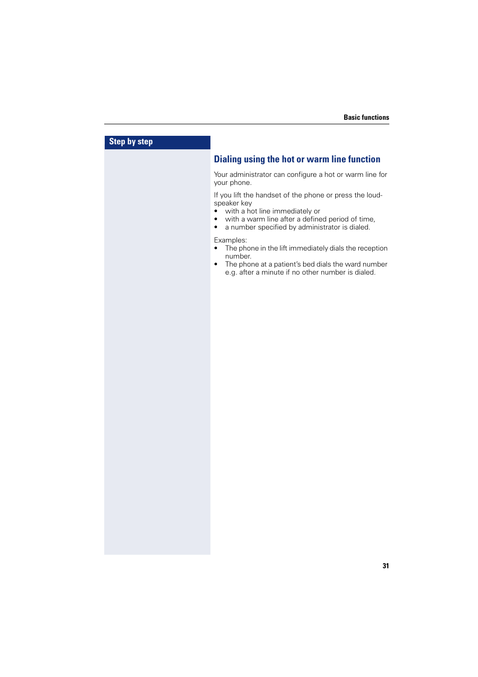 Dialing using the hot or warm line function | Siemens HIPATH 8000 User Manual | Page 31 / 205