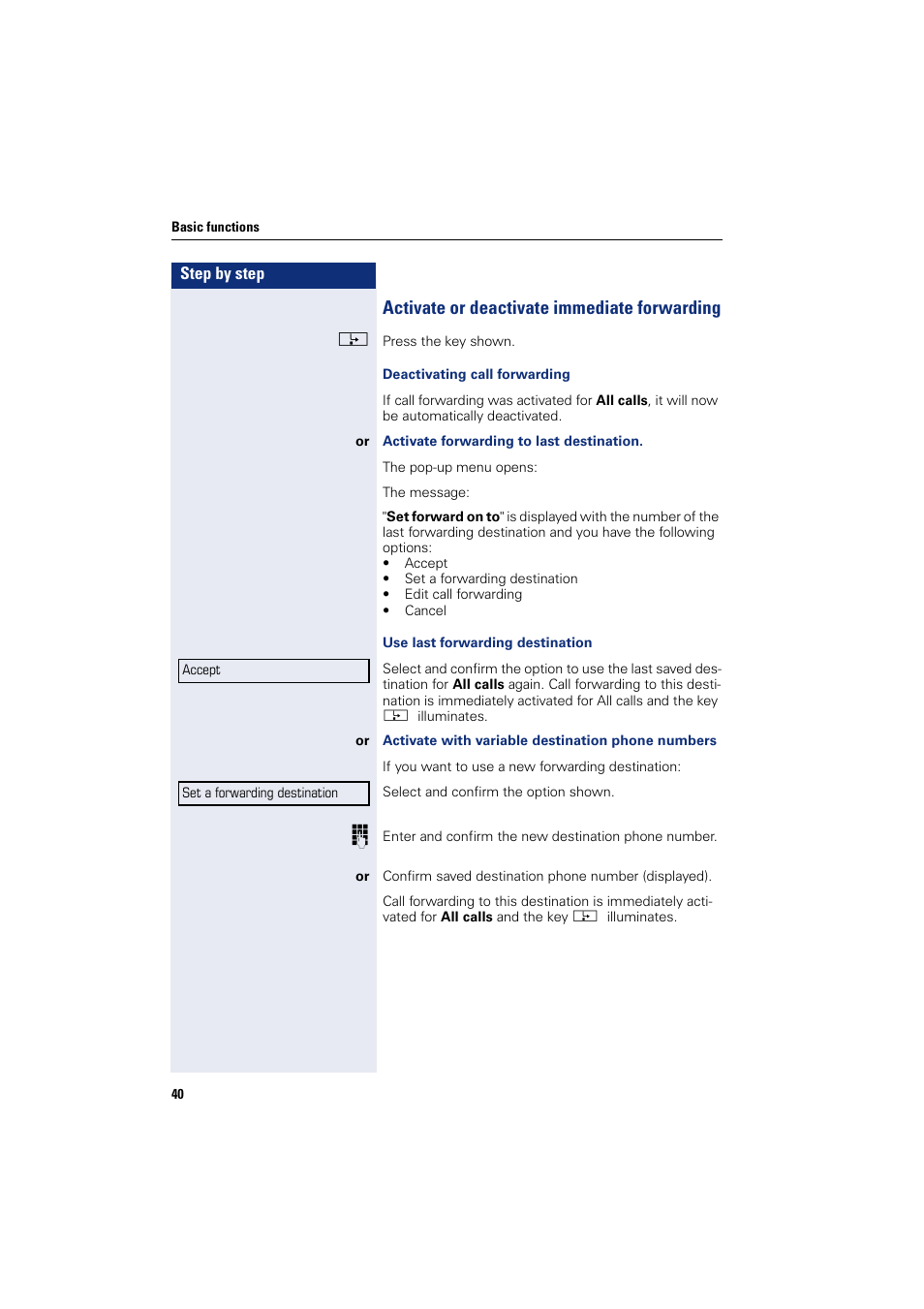 Activate or deactivate immediate forwarding | Siemens HIPATH 8000 User Manual | Page 40 / 205