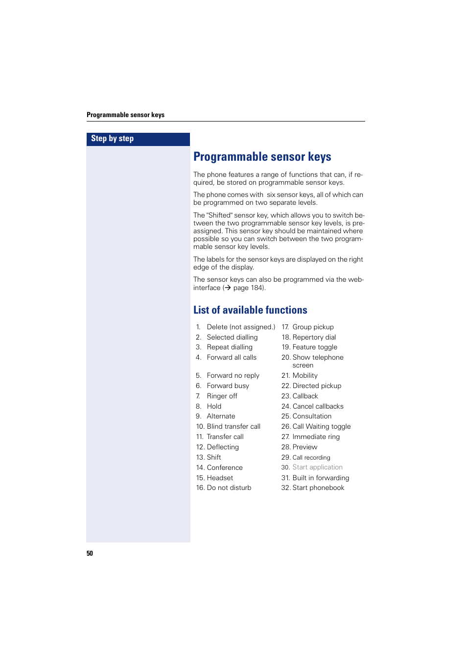 Programmable sensor keys, List of available functions | Siemens HIPATH 8000 User Manual | Page 50 / 205