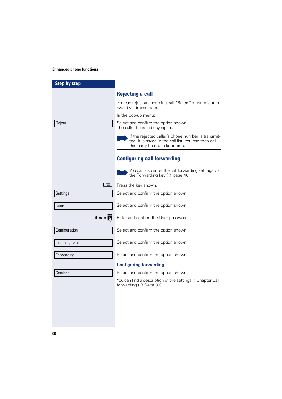 Rejecting a call, Configuring call forwarding, Rejecting a call configuring call forwarding | Siemens HIPATH 8000 User Manual | Page 60 / 205