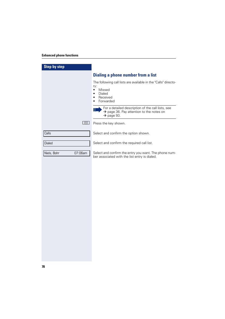 Dialing a phone number from a list | Siemens HIPATH 8000 User Manual | Page 78 / 205