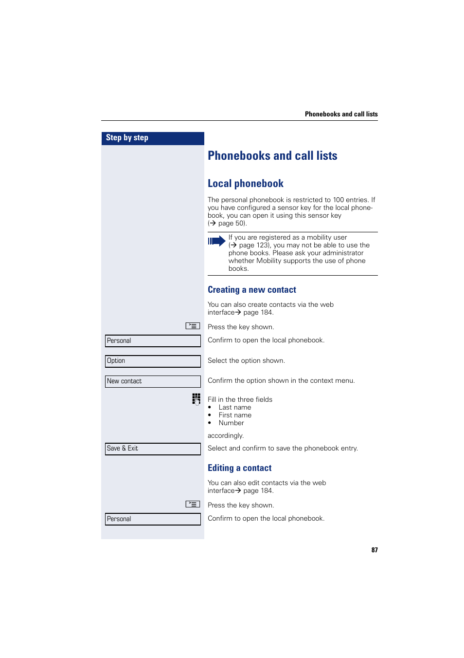 Phonebooks and call lists, Local phonebook, Editing a contact | Creating a new contact editing a contact, List, Creating a new contact | Siemens HIPATH 8000 User Manual | Page 87 / 205