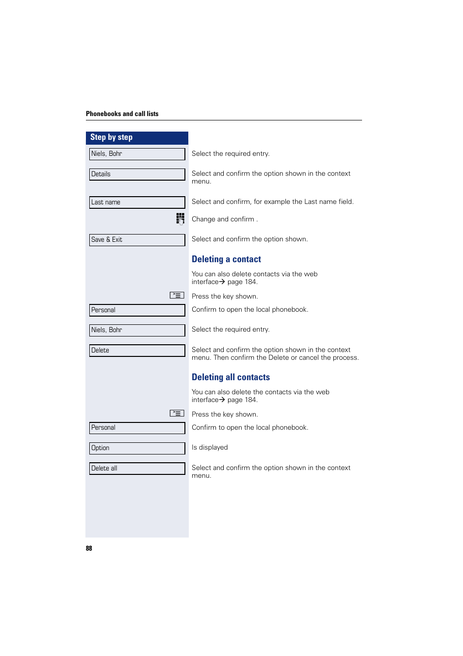 Deleting a contact, Deleting all contacts, Deleting a contact deleting all contacts | Siemens HIPATH 8000 User Manual | Page 88 / 205