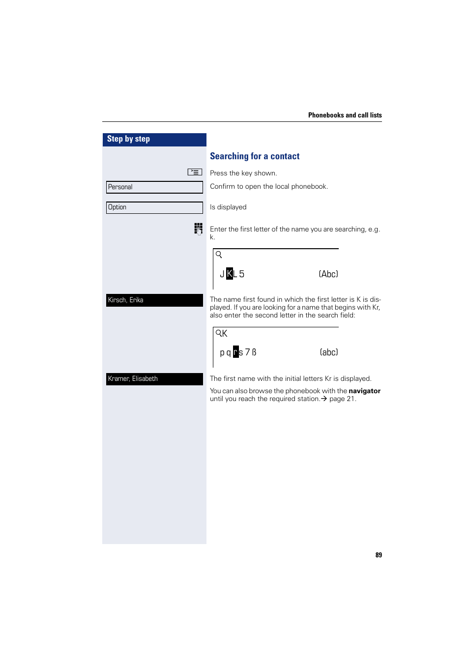 Searching for a contact | Siemens HIPATH 8000 User Manual | Page 89 / 205