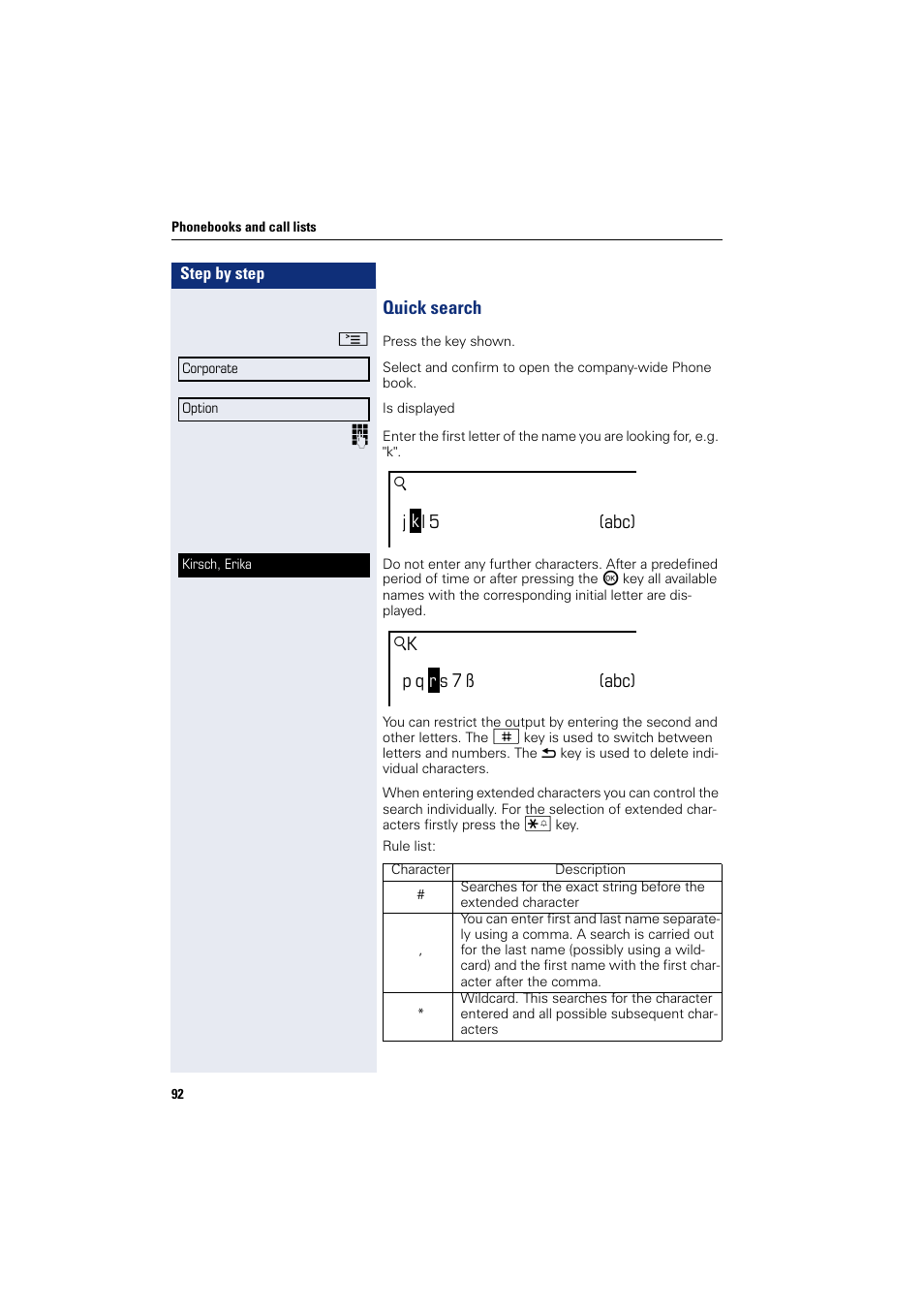 Quick search, Uj l 5 (abc) k | Siemens HIPATH 8000 User Manual | Page 92 / 205