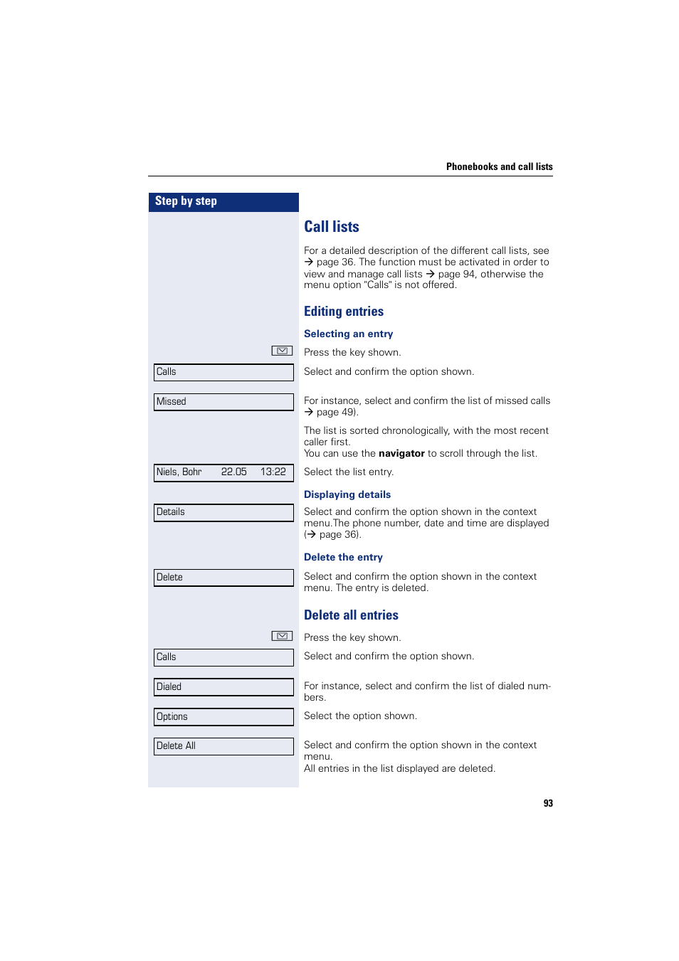 Call lists, Delete all entries, Editing entries delete all entries | Editing entries | Siemens HIPATH 8000 User Manual | Page 93 / 205