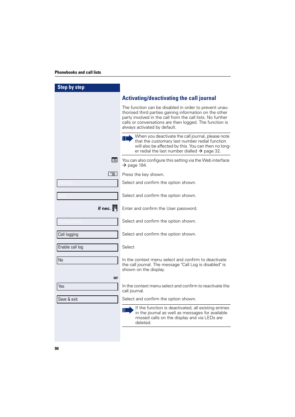 Activating/deactivating the call journal | Siemens HIPATH 8000 User Manual | Page 94 / 205