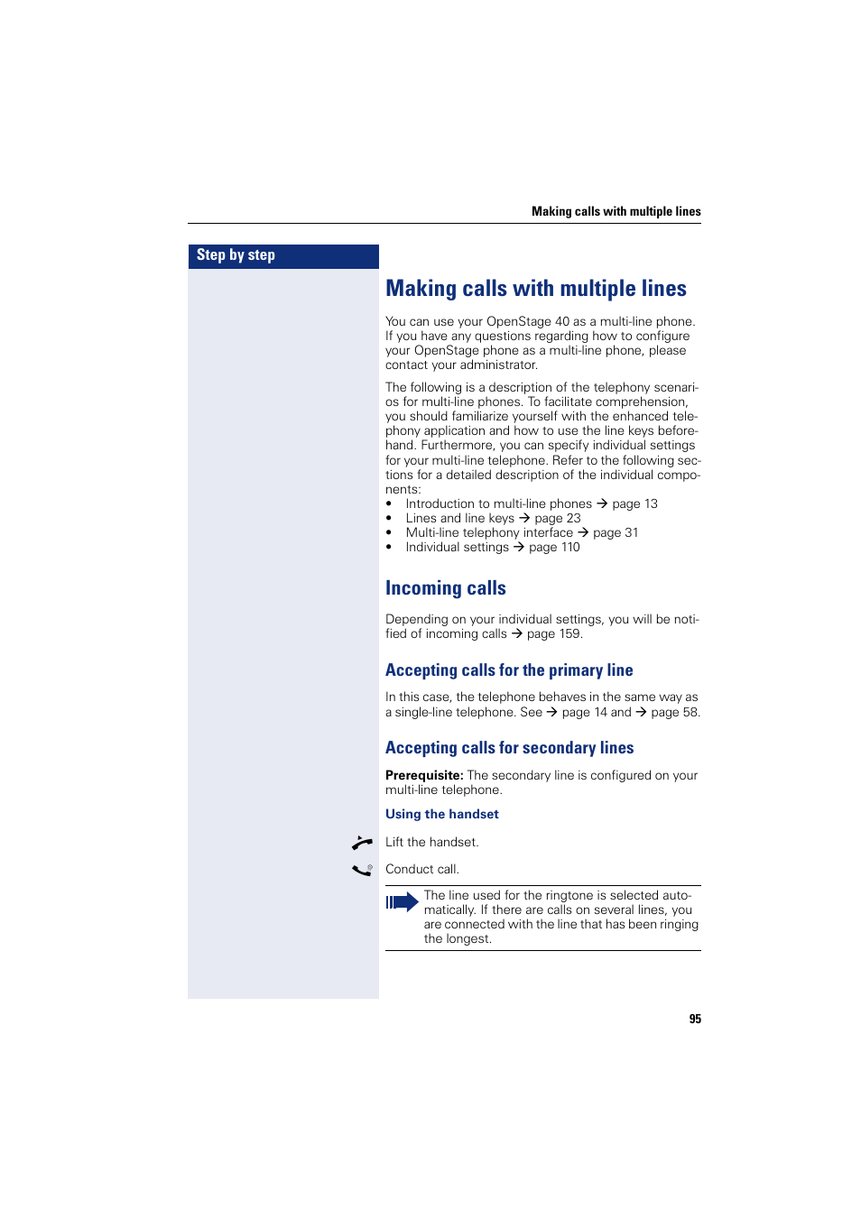 Making calls with multiple lines, Incoming calls, Accepting calls for the primary line | Accepting calls for secondary lines | Siemens HIPATH 8000 User Manual | Page 95 / 205