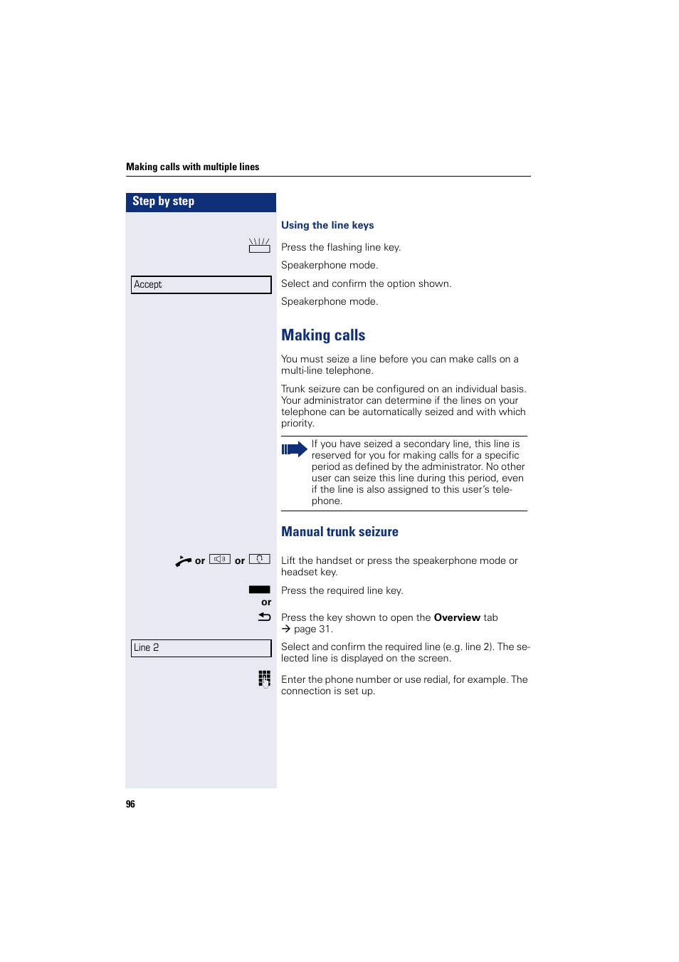 Making calls, Manual trunk seizure | Siemens HIPATH 8000 User Manual | Page 96 / 205