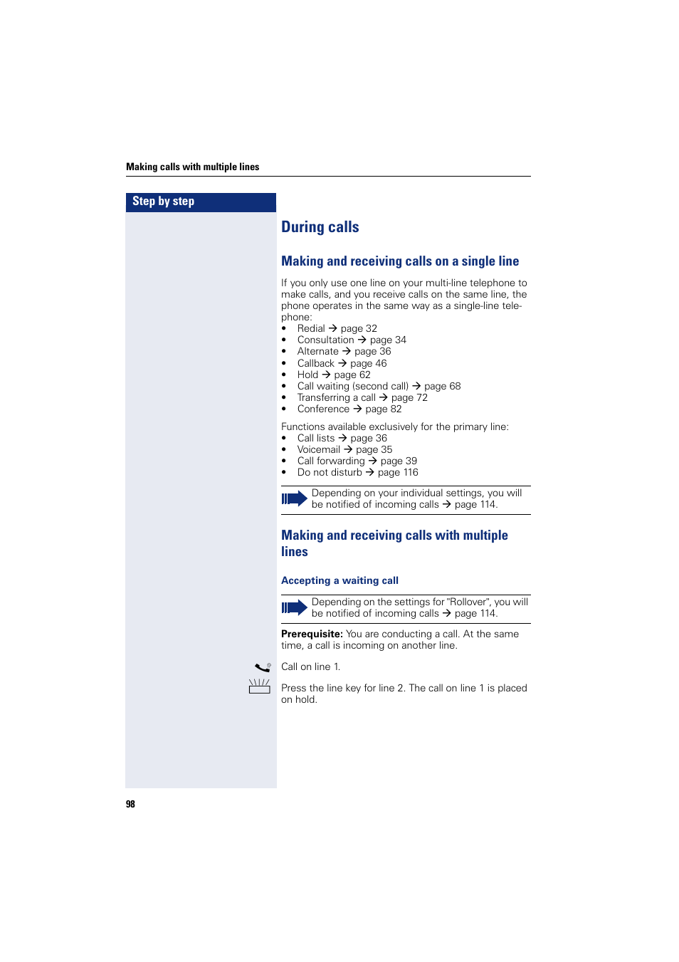 During calls, Making and receiving calls on a single line, Making and receiving calls with multiple lines | Siemens HIPATH 8000 User Manual | Page 98 / 205