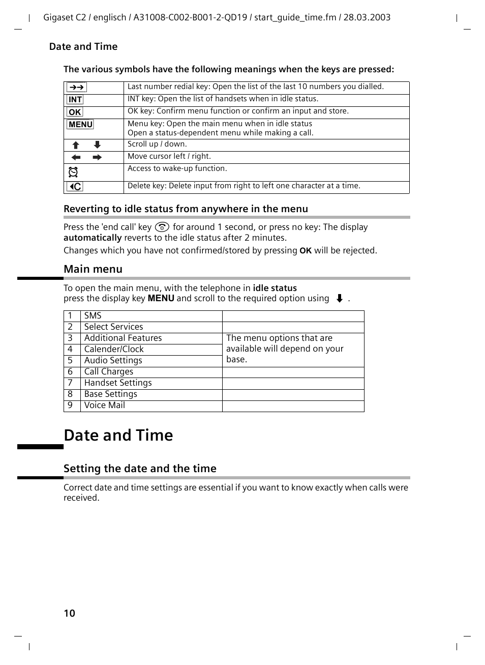 Reverting to idle status from anywhere in the menu, Main menu, Date and time | Setting the date and the time | Siemens C2 User Manual | Page 10 / 29