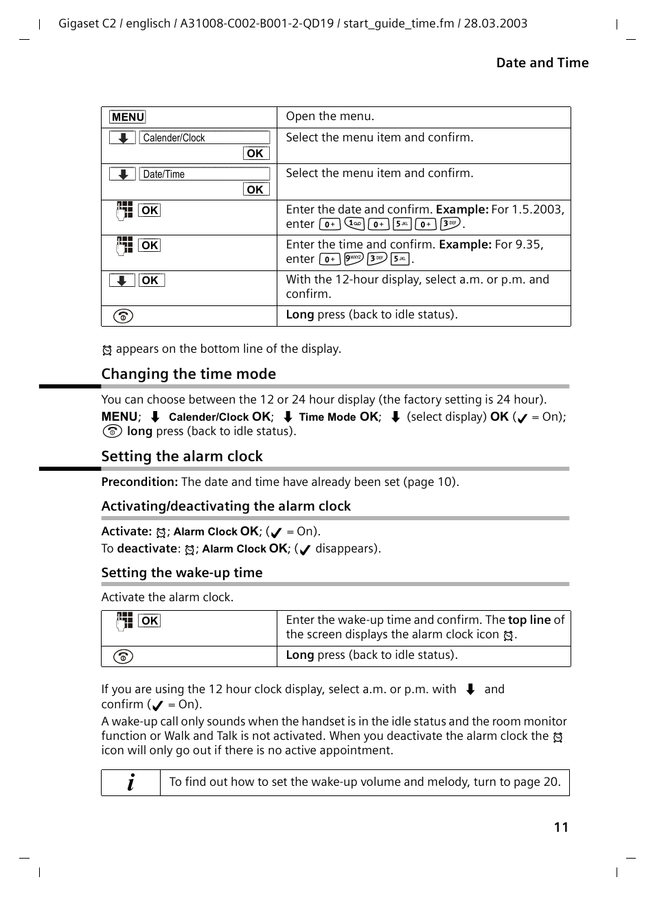 Changing the time mode, Setting the alarm clock, Activating/deactivating the alarm clock | Setting the wake-up time, Changing the time mode setting the alarm clock | Siemens C2 User Manual | Page 11 / 29