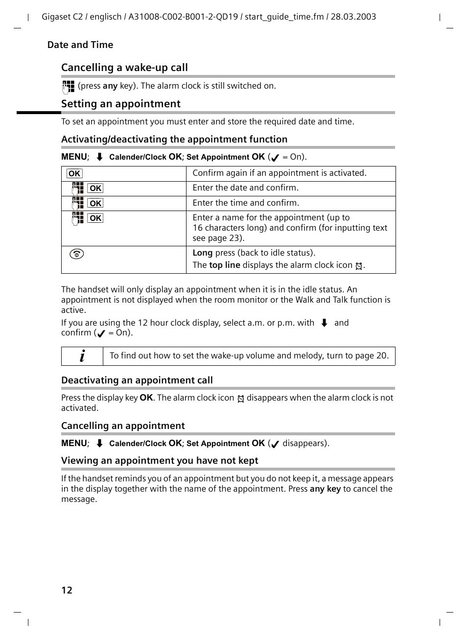 Cancelling a wake-up call, Setting an appointment, Activating/deactivating the appointment function | Deactivating an appointment call, Cancelling an appointment, Viewing an appointment you have not kept, Cancelling a wake-up call setting an appointment | Siemens C2 User Manual | Page 12 / 29