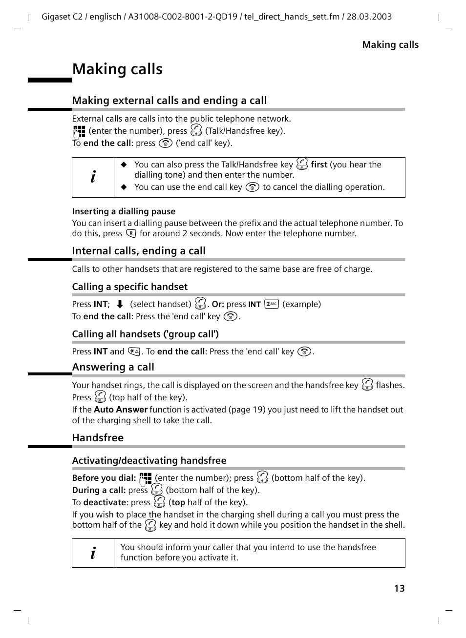 Making calls, Making external calls and ending a call, Internal calls, ending a call | Calling a specific handset, Calling all handsets ('group call'), Answering a call, Handsfree, Activating/deactivating handsfree | Siemens C2 User Manual | Page 13 / 29