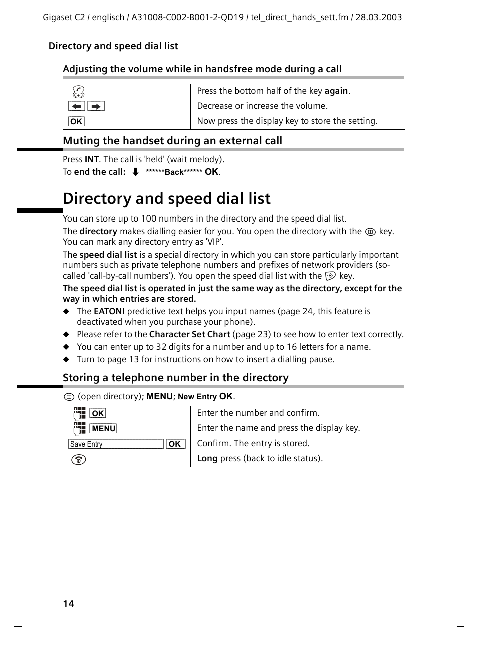 Muting the handset during an external call, Directory and speed dial list, Storing a telephone number in the directory | Siemens C2 User Manual | Page 14 / 29