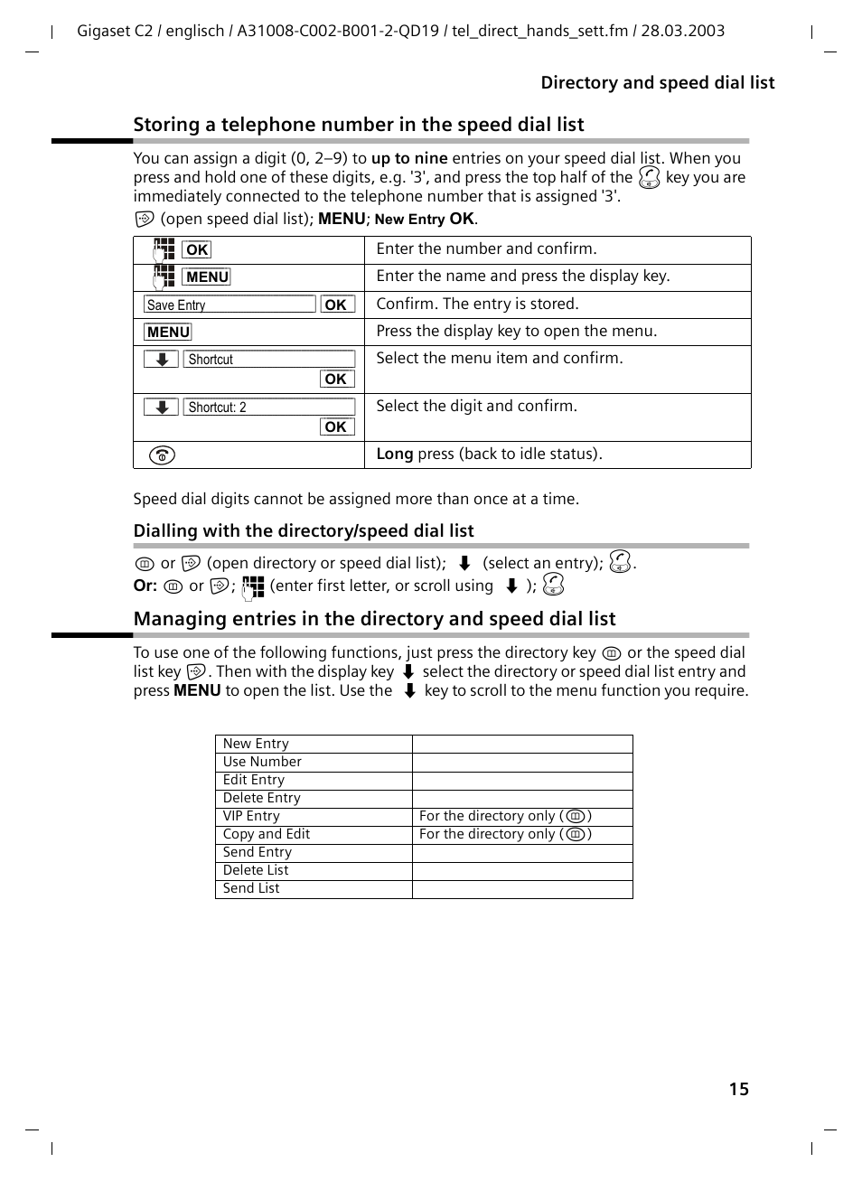 Storing a telephone number in the speed dial list, Dialling with the directory/speed dial list | Siemens C2 User Manual | Page 15 / 29