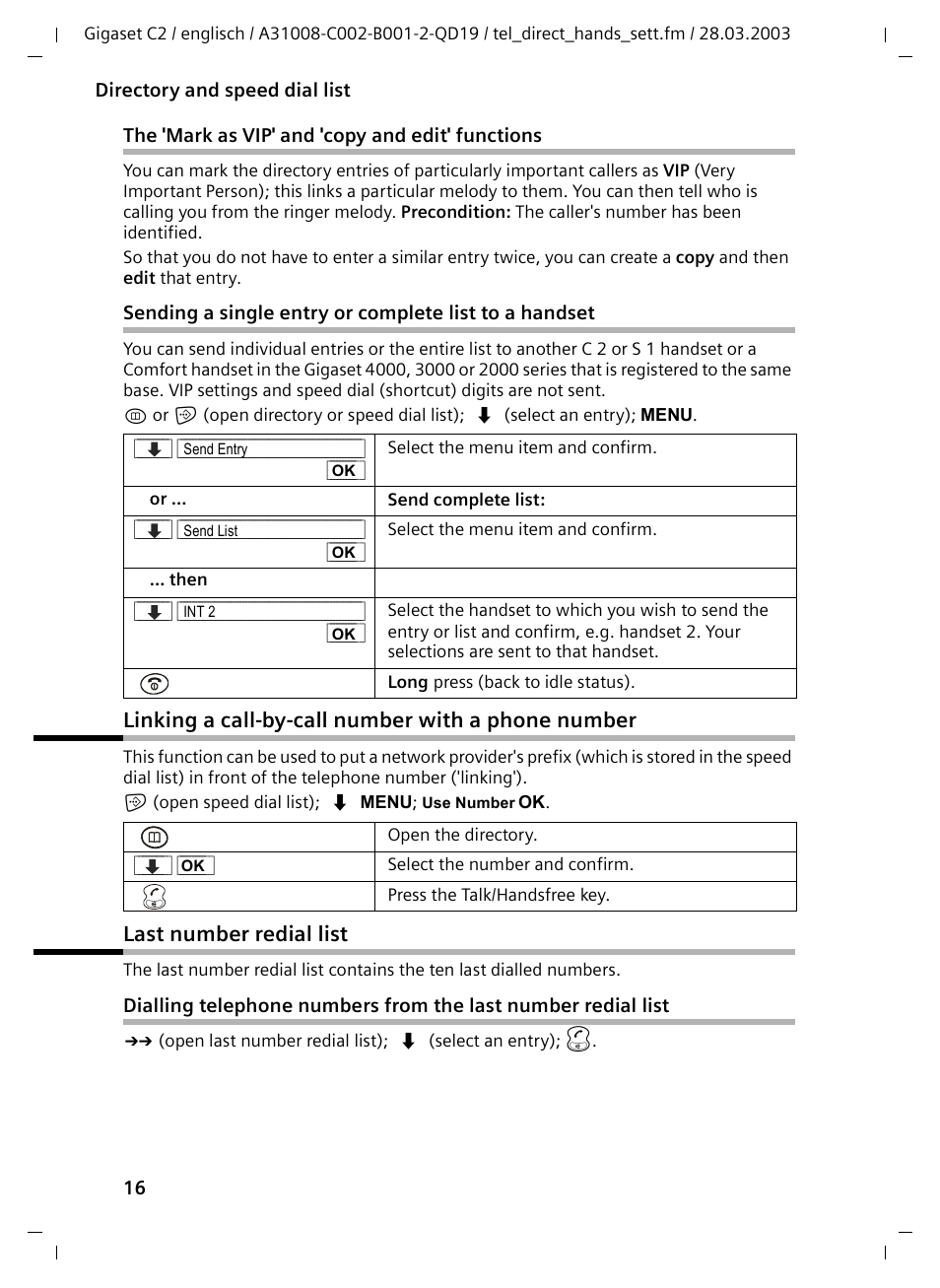 The 'mark as vip' and 'copy and edit' functions, Linking a call-by-call number with a phone number, Last number redial list | Siemens C2 User Manual | Page 16 / 29