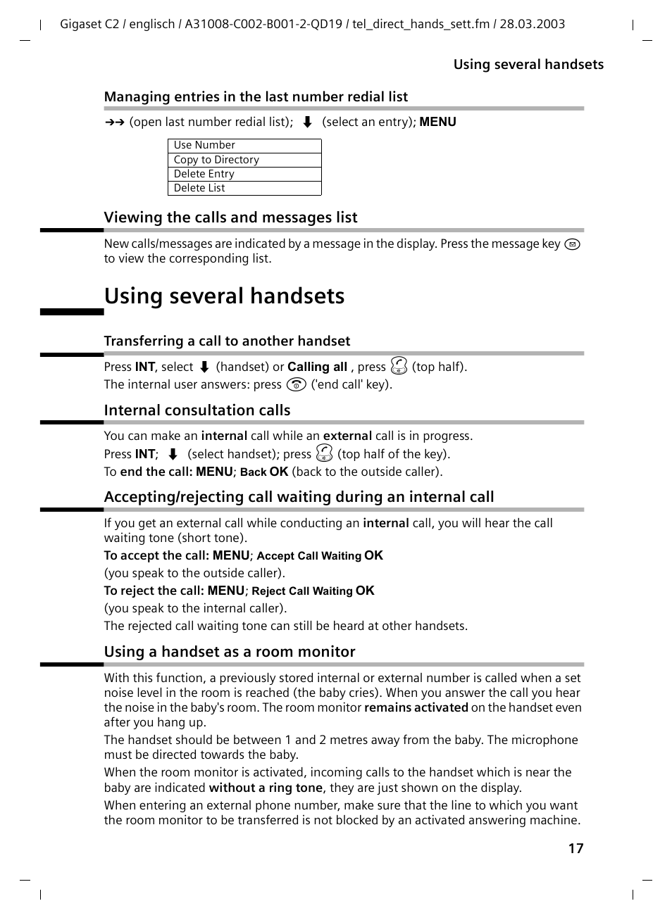 Managing entries in the last number redial list, Viewing the calls and messages list, Using several handsets | Transferring a call to another handset, Internal consultation calls, Using a handset as a room monitor | Siemens C2 User Manual | Page 17 / 29