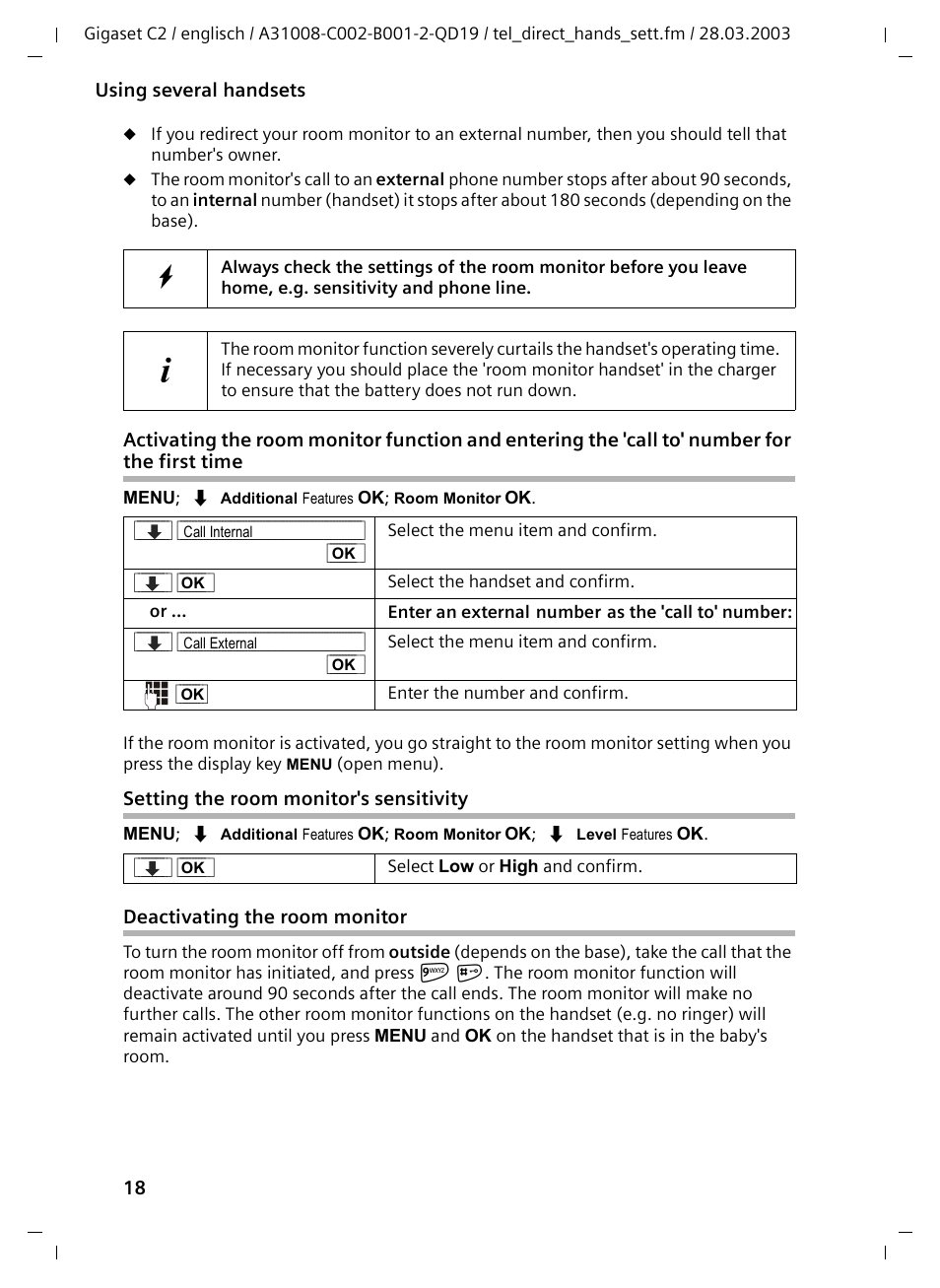 Setting the room monitor's sensitivity, Deactivating the room monitor | Siemens C2 User Manual | Page 18 / 29