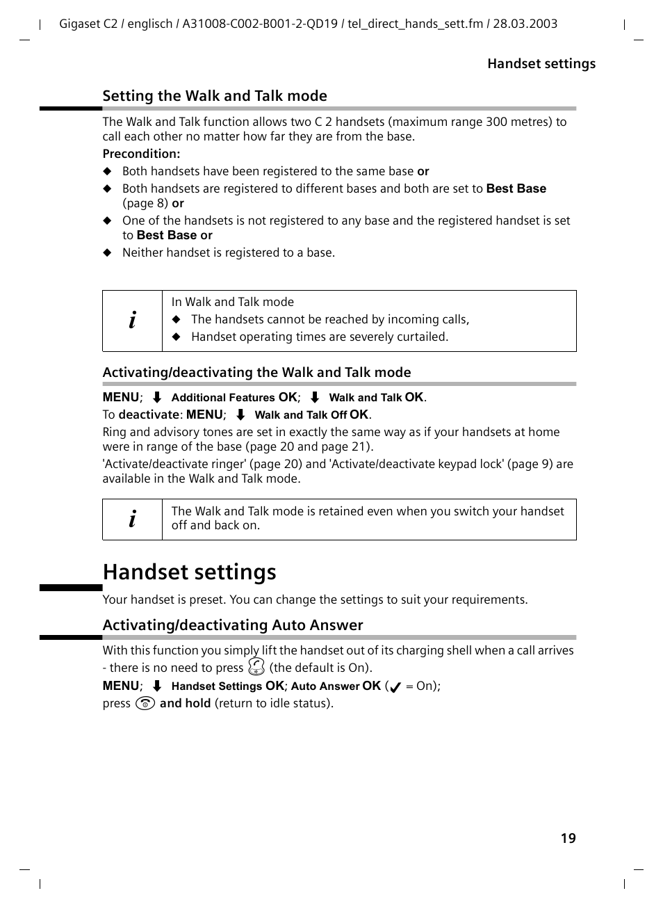 Setting the walk and talk mode, Activating/deactivating the walk and talk mode, Handset settings | Activating/deactivating auto answer | Siemens C2 User Manual | Page 19 / 29