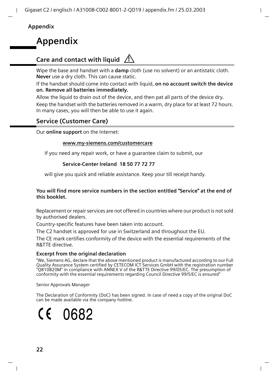 Appendix, Care and contact with liquid, Service (customer care) | Siemens C2 User Manual | Page 22 / 29