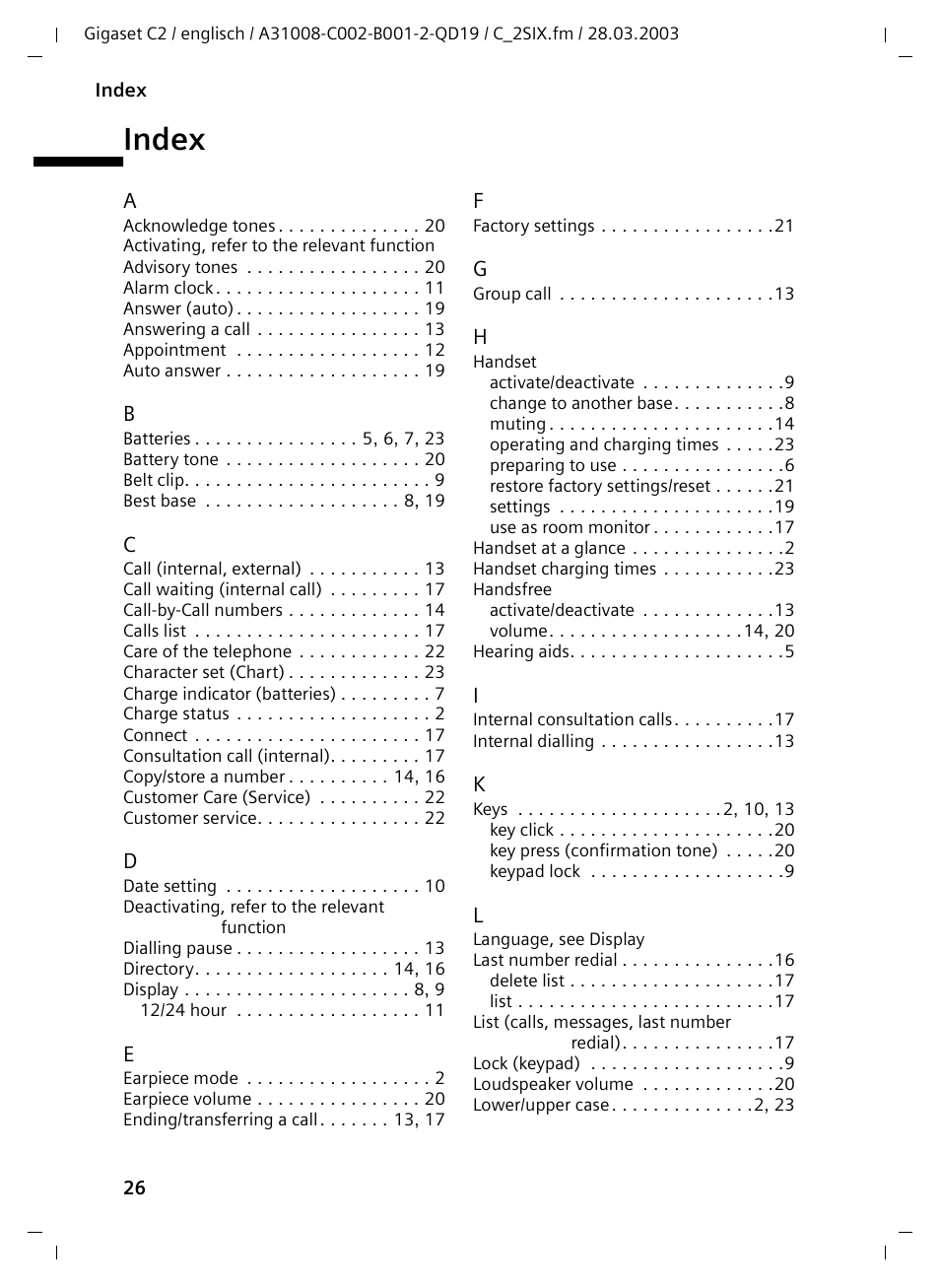 Index | Siemens C2 User Manual | Page 26 / 29