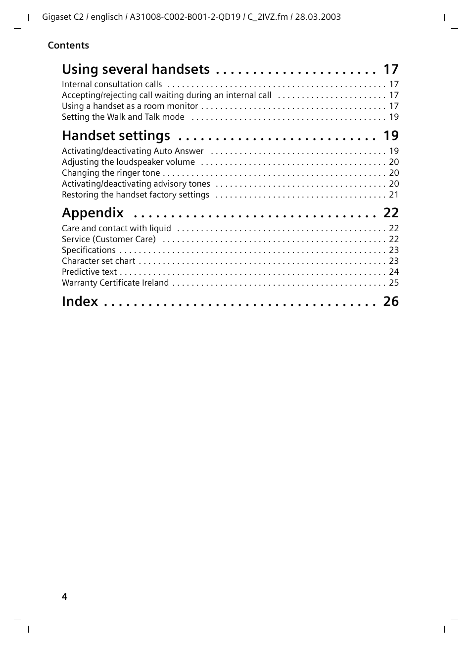 Using several handsets, Handset settings, Appendix | Index | Siemens C2 User Manual | Page 4 / 29