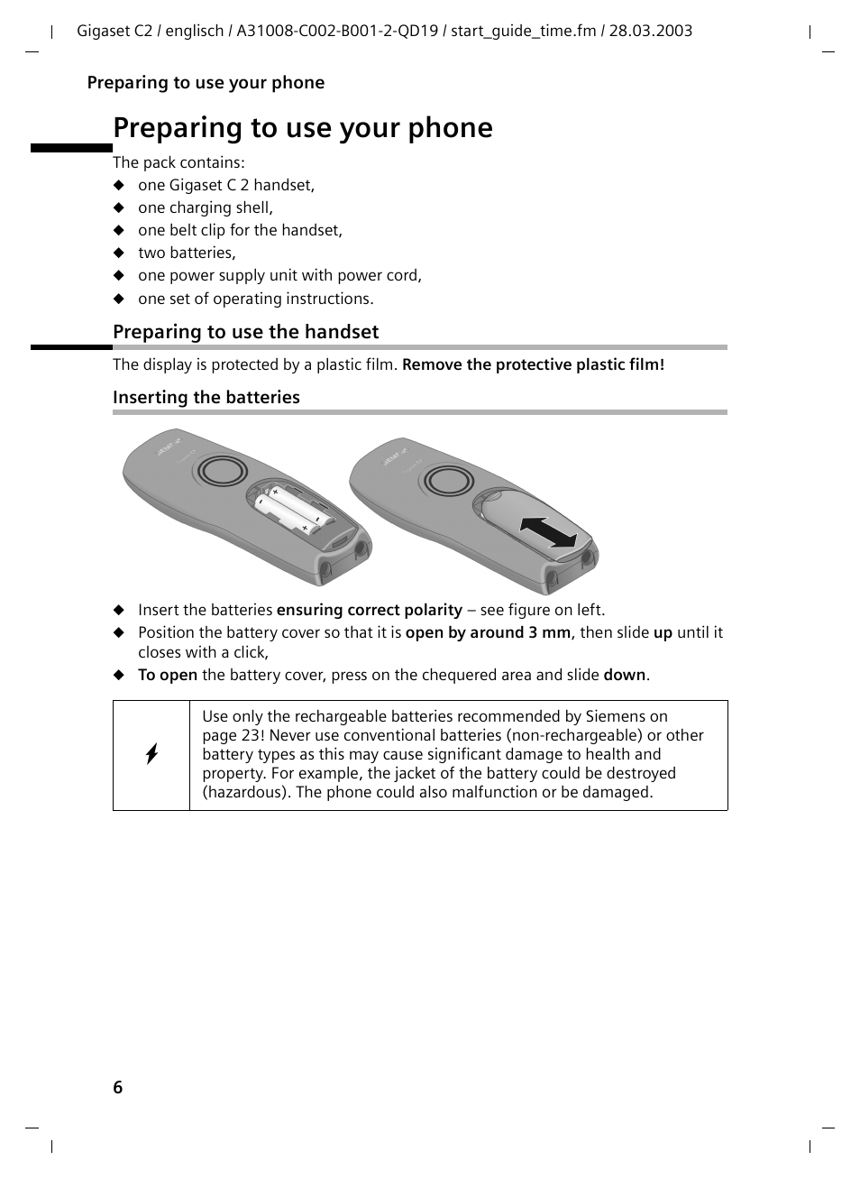 Preparing to use your phone, Preparing to use the handset, Inserting the batteries | Siemens C2 User Manual | Page 6 / 29