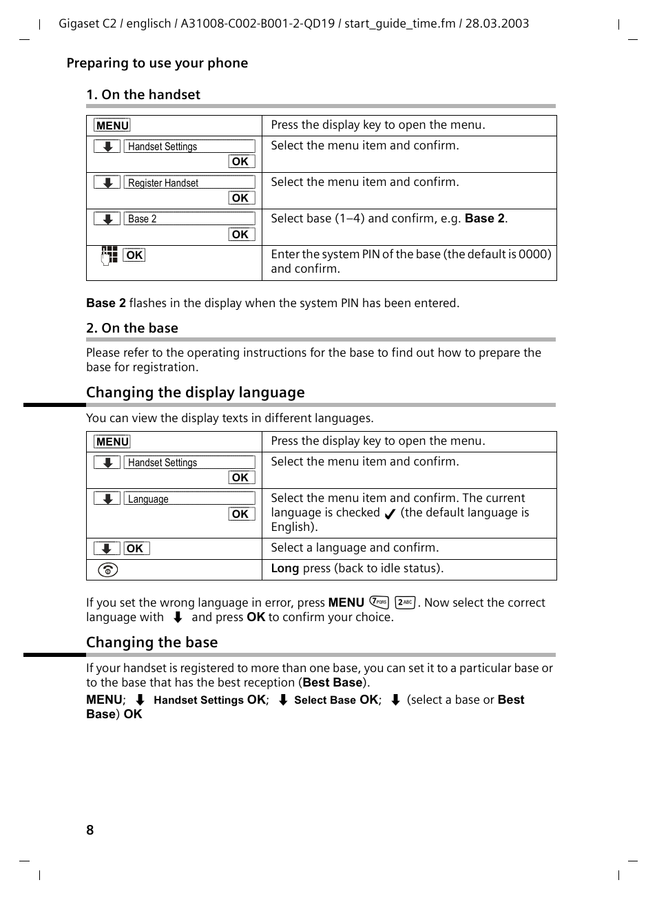 On the handset, On the base, Changing the display language | Changing the base, Changing the display language changing the base | Siemens C2 User Manual | Page 8 / 29