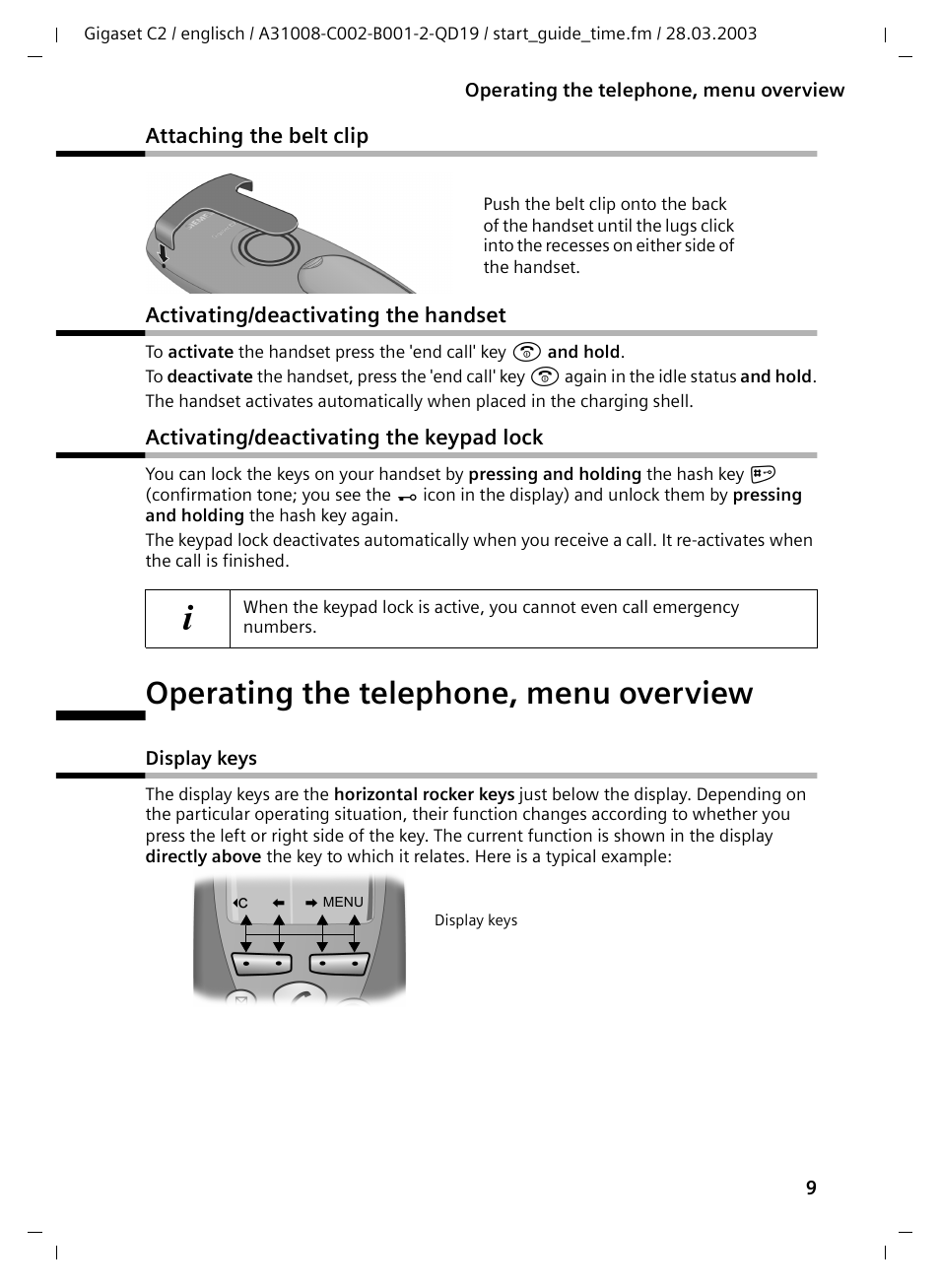 Attaching the belt clip, Activating/deactivating the handset, Activating/deactivating the keypad lock | Operating the telephone, menu overview, Display keys | Siemens C2 User Manual | Page 9 / 29