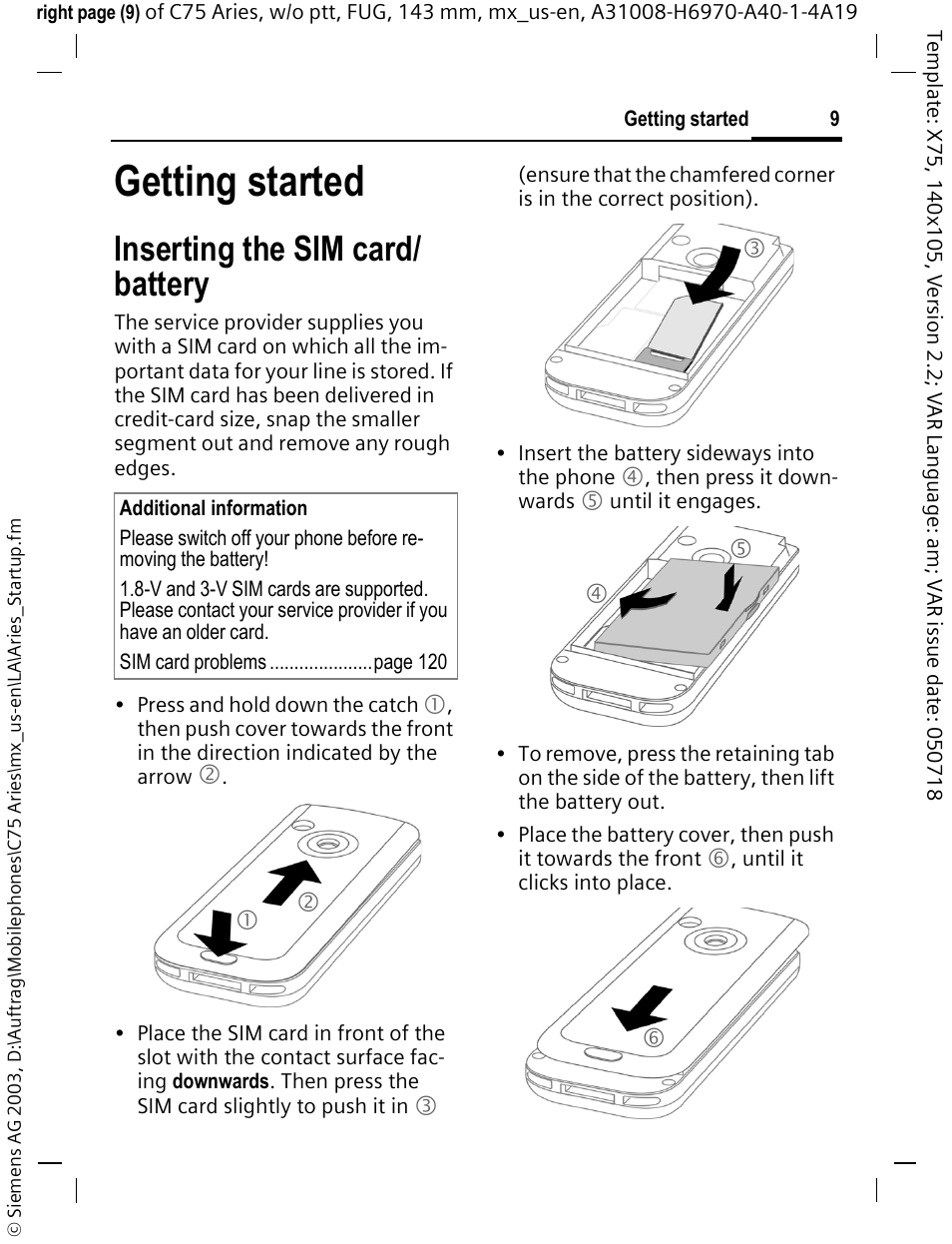 Getting started, Inserting the sim card/ battery, Inserting the sim card/battery | Siemens Gigaset 200 User Manual | Page 10 / 139