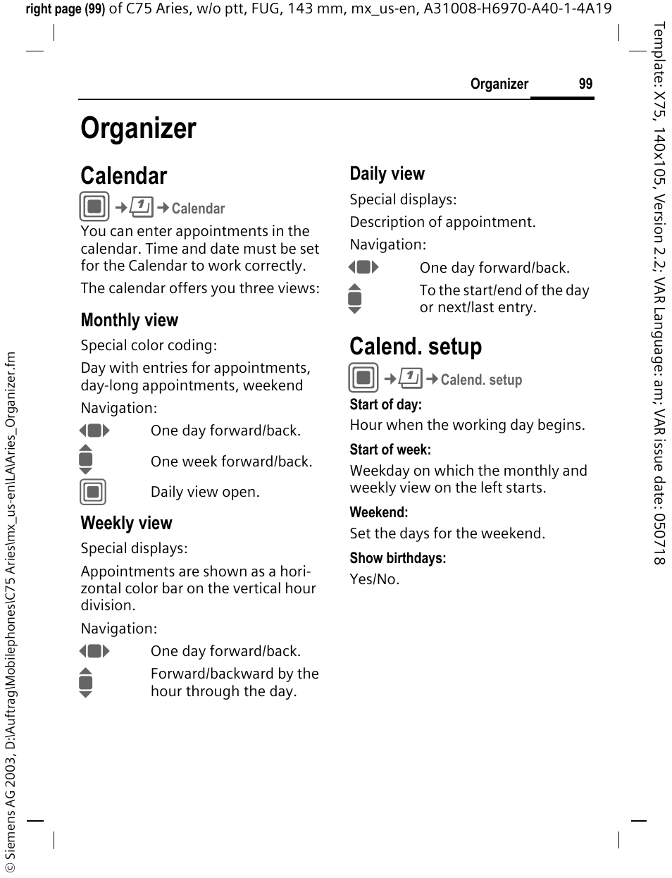 Organizer, Calendar, Calend. setup | Siemens Gigaset 200 User Manual | Page 100 / 139