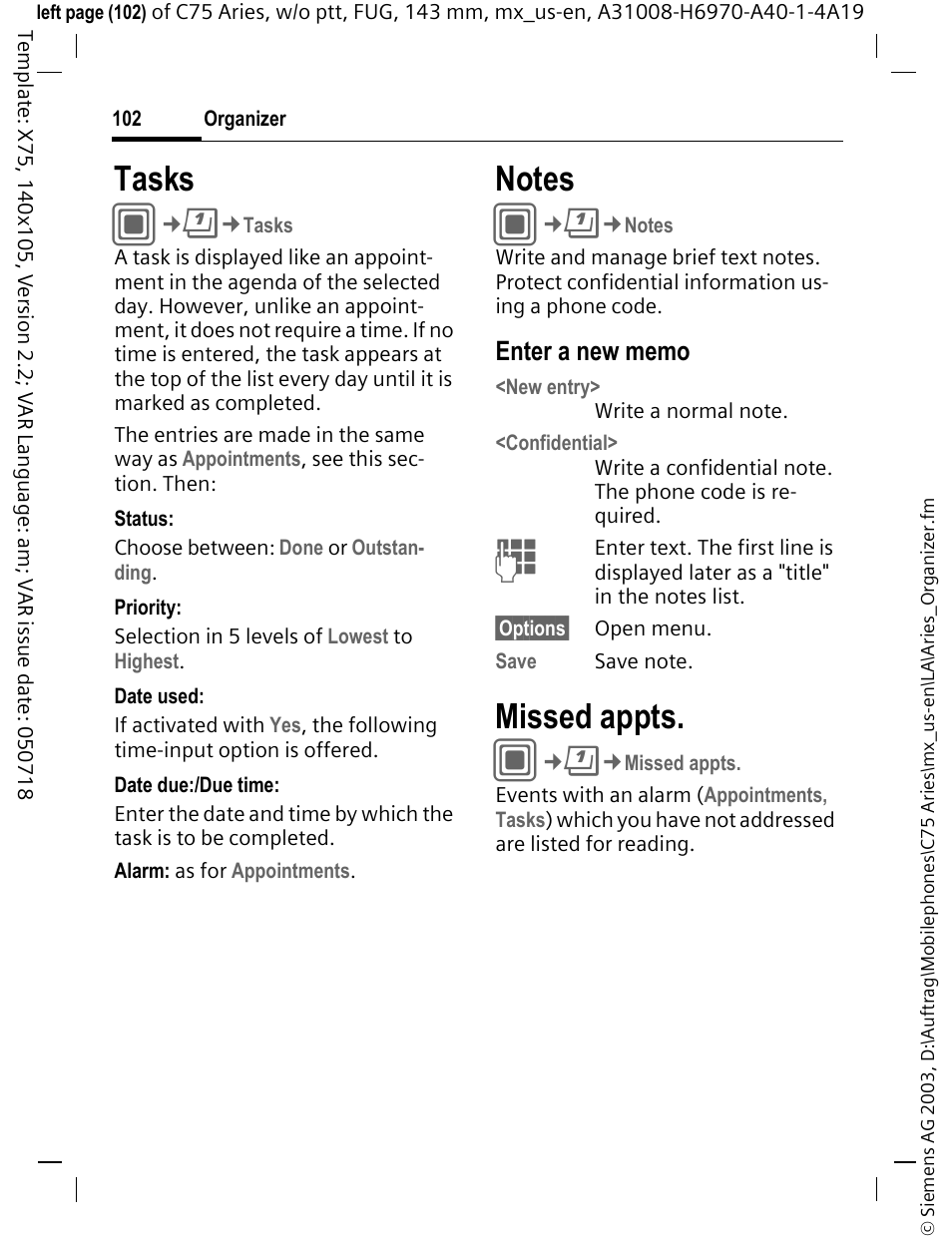 Tasks, Notes, Missed appts | Tasks notes missed appts | Siemens Gigaset 200 User Manual | Page 103 / 139