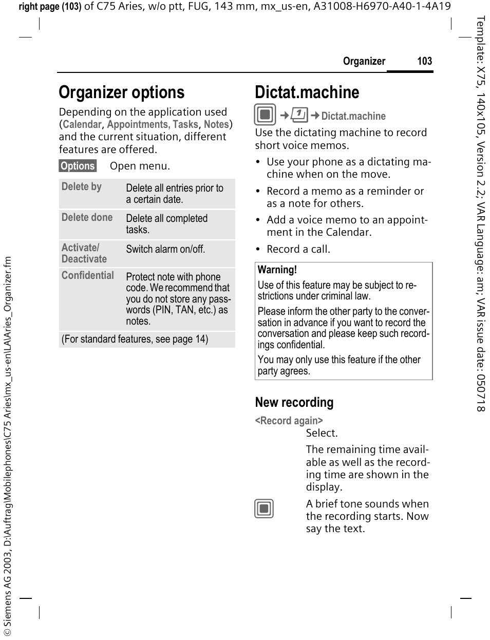 Dictat.machine, Organizer options, New recording | Siemens Gigaset 200 User Manual | Page 104 / 139