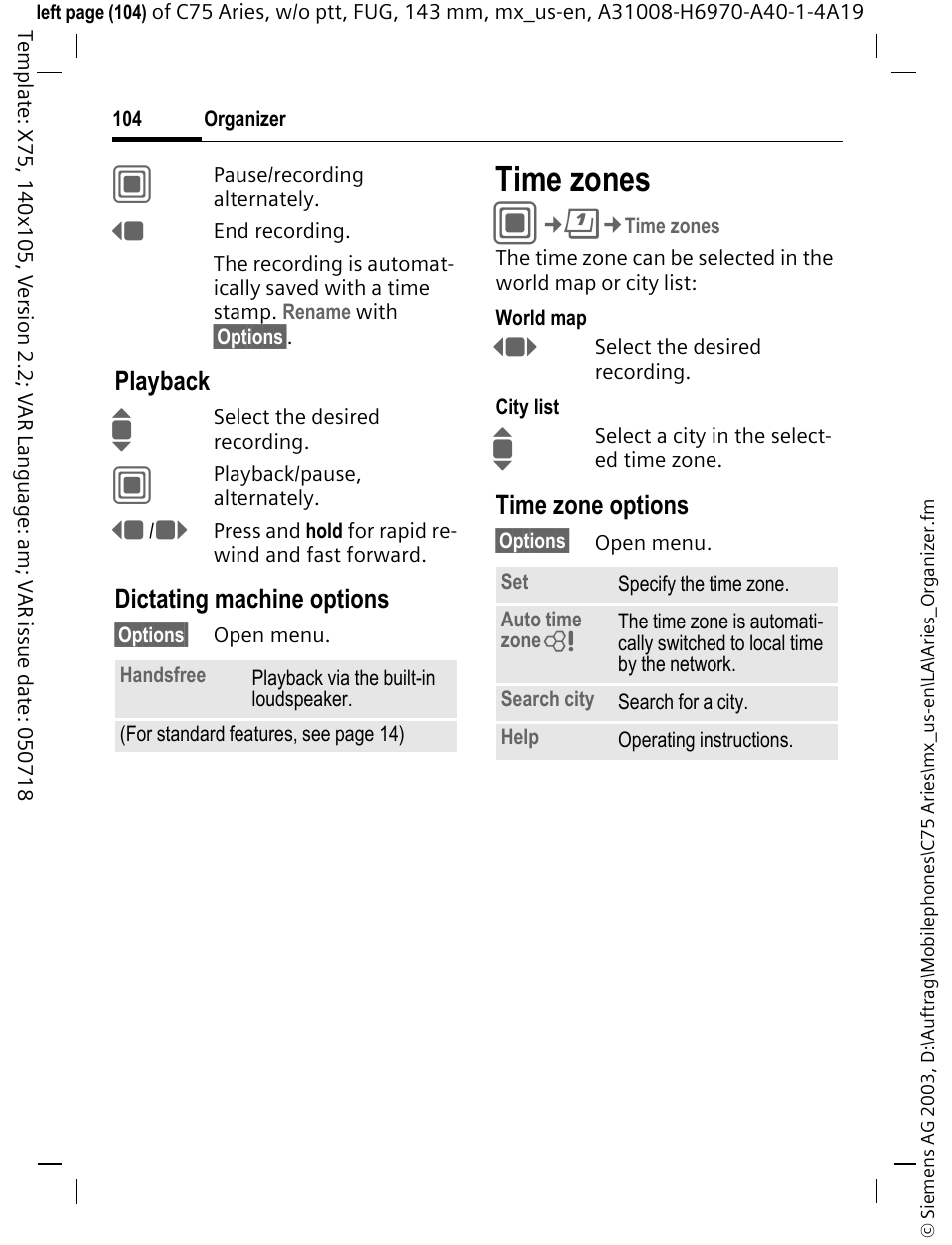 Time zones | Siemens Gigaset 200 User Manual | Page 105 / 139