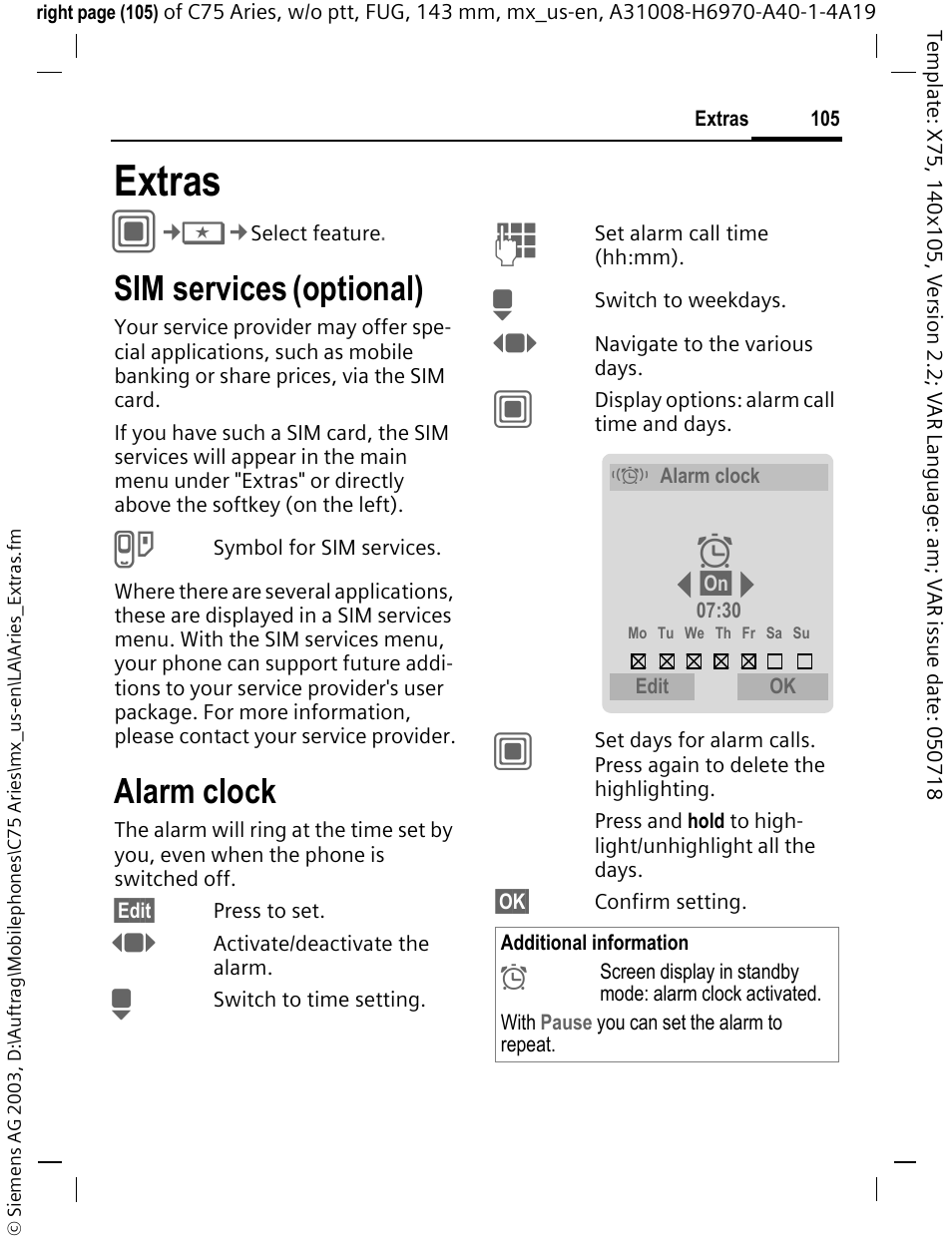 Extras, Sim services (optional), Alarm clock | Extras c, Sim services, Optional) | Siemens Gigaset 200 User Manual | Page 106 / 139