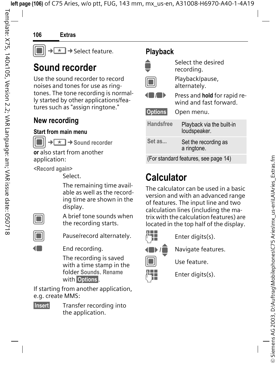 Sound recorder, Calculator | Siemens Gigaset 200 User Manual | Page 107 / 139