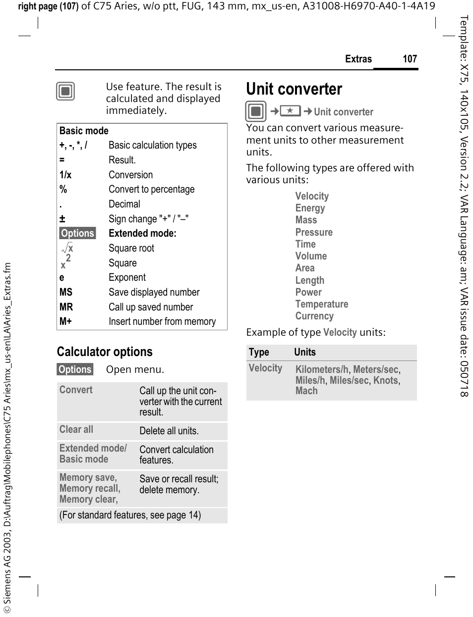 Unit converter, Calculator options | Siemens Gigaset 200 User Manual | Page 108 / 139