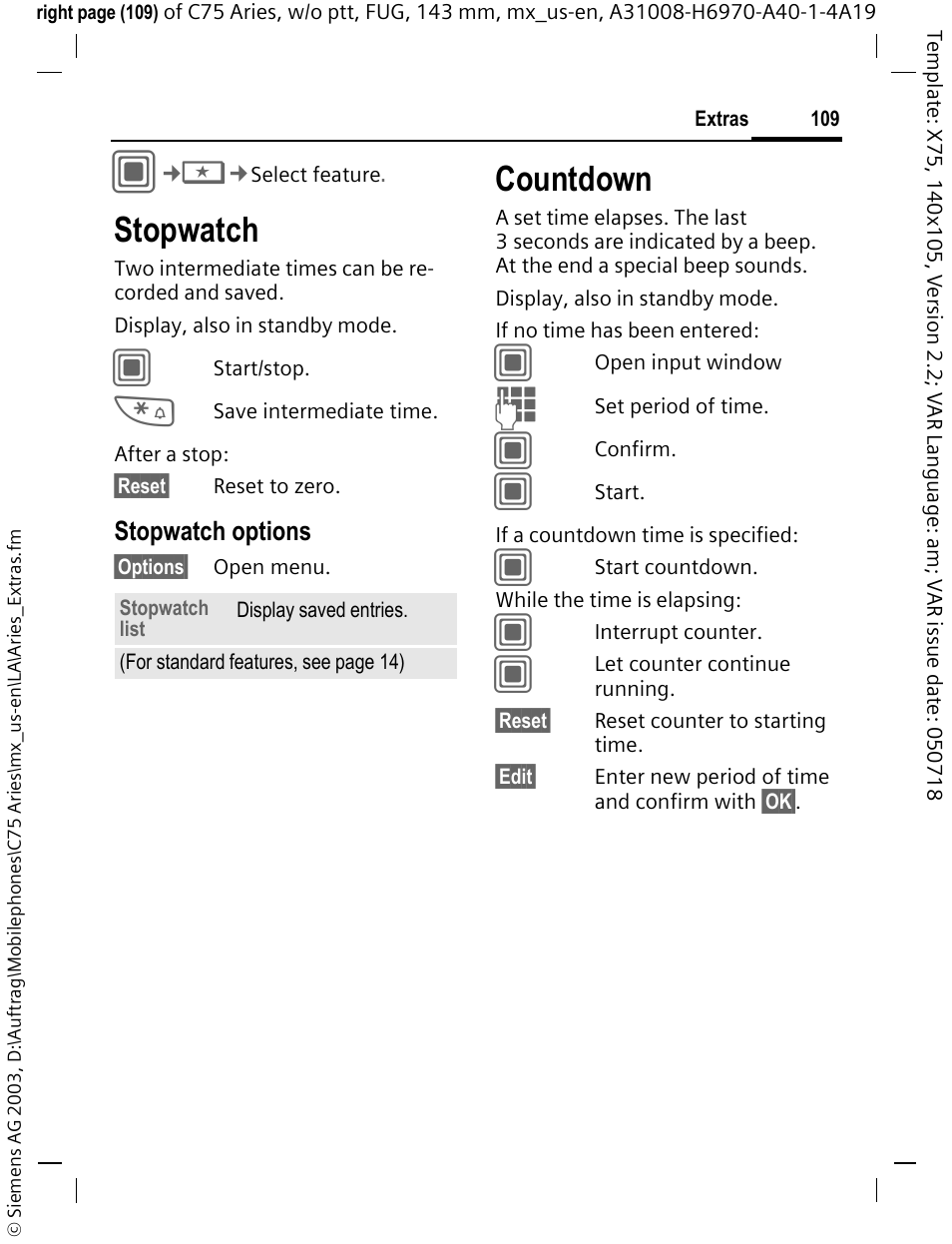 Stopwatch, Countdown | Siemens Gigaset 200 User Manual | Page 110 / 139