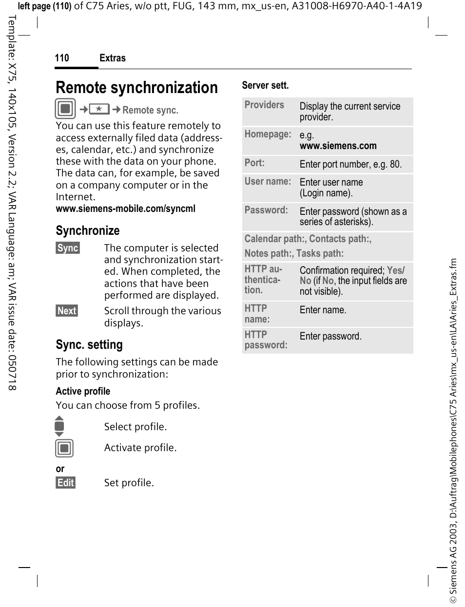 Remote synchronization, Synchronize, Sync. setting | Siemens Gigaset 200 User Manual | Page 111 / 139